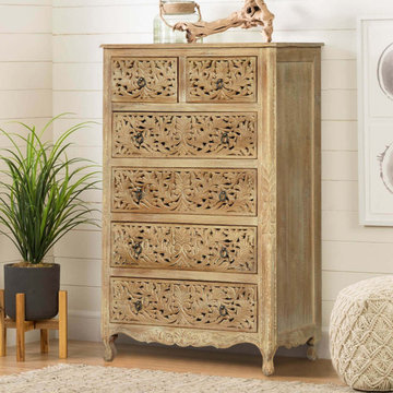 Queen Anne Lace Front Solid Mango Wood Tall Bedroom Dresser w 6 Drawer