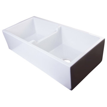 AB3918DB-W 39" White Smooth Apron Thick Wall Fireclay Double Bowl Farm Sink