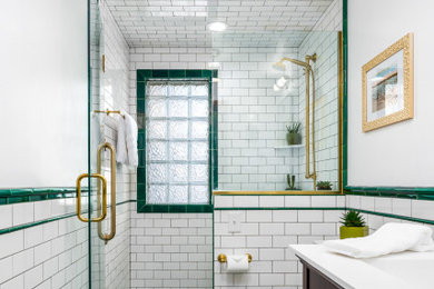 Inspiration for a huge 3/4 mosaic tile floor and green floor alcove shower remodel in Minneapolis with a hinged shower door and a freestanding vanity