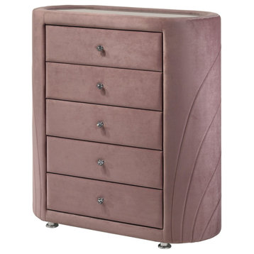 ACME Salonia 5 Drawers Velvet Upholstery Chest with Mirror Top in Pink