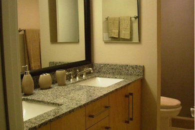Inspiration for a contemporary brown tile and ceramic tile ceramic tile alcove shower remodel in Miami with an undermount sink, flat-panel cabinets, medium tone wood cabinets, quartzite countertops, a one-piece toilet and beige walls
