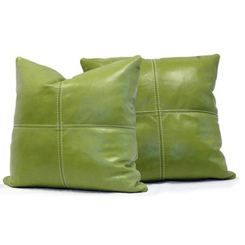 Square Genuine Leather Accent Throw Pillows, Set of 2, Kiwi Green, 20"x20"