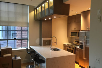Small trendy galley medium tone wood floor and brown floor eat-in kitchen photo in DC Metro with an undermount sink, flat-panel cabinets, gray cabinets, marble countertops, stainless steel appliances and an island