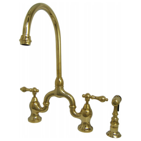 Kingston Brass Bridge Kitchen Faucet With Brass Sprayer, Polished Brass