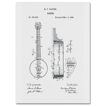 'Vintage Banjo Patent, 1896, White' Canvas Art by Claire Doherty
