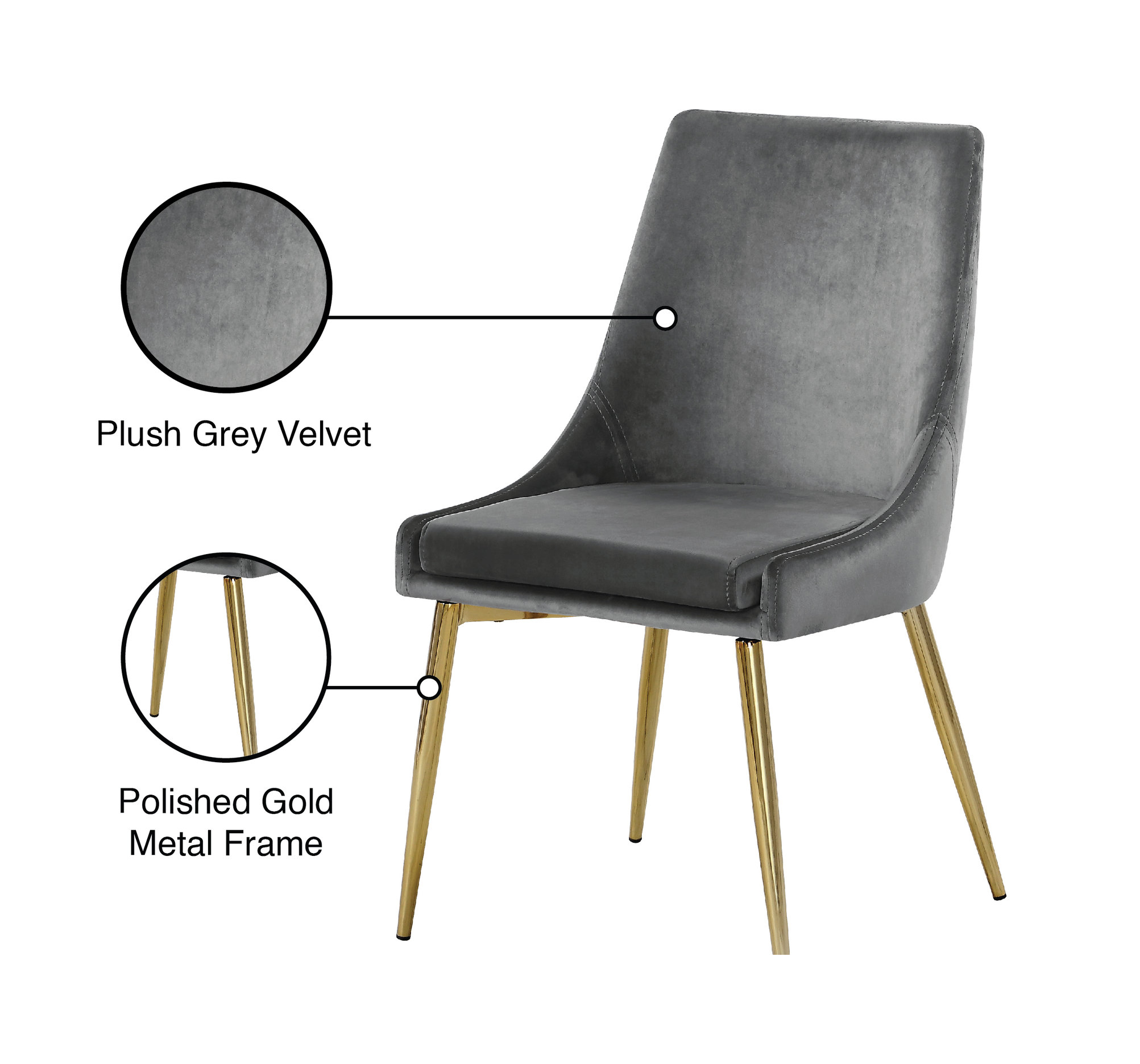 Karina Velvet Dining Chairs, Set of 2, Gray, Gold Base