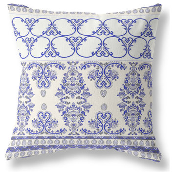 Nandini Flowers Broadcloth Indoor Outdoor Blown And Closed Pillow, White Blue