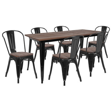 30.25" x 60" Metal Table Set with Wood Top and 6 Stack Chairs, Black