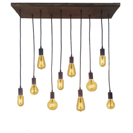 10 Pendant Reclaimed Wood Chandelier, Black, Mixed Led Bulbs