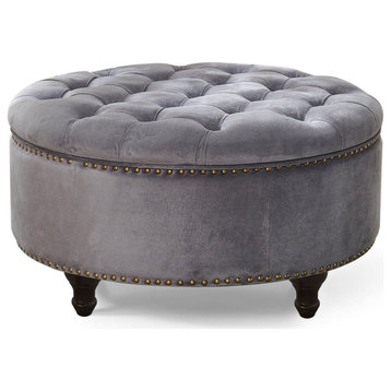 Round Storage Ottoman, Velvet Upholstery With Tufted Lid & Nailhead, Dark Gray