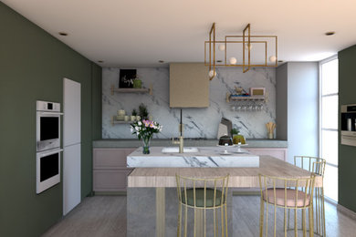 This is an example of a medium sized contemporary kitchen in Other with a single-bowl sink, shaker cabinets, pink cabinets, white splashback, marble splashback, integrated appliances, laminate floors, an island, beige floors and grey worktops.