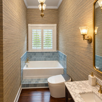 Elegant Transitional Guest Bathroom with Grasscloth Wallpaper