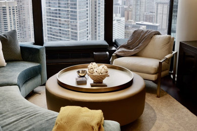 Inspiration for a small contemporary open concept dark wood floor and brown floor living room remodel in Chicago with white walls and a wall-mounted tv