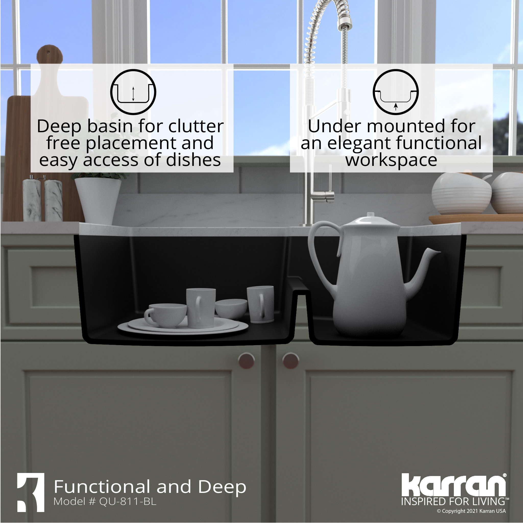 Karran 32" Undermount Large/Small Bowl Quartz Kitchen Sink, Black