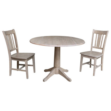 42" Round Top Pedestal Table with 2 Chairs, Washed Gray Taupe