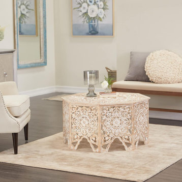 Eclectic Coffee Table, Octagonal Design With Unique Carving Details, Whitewash