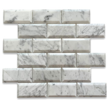 Carrara White Marble Subway Mosaic Tile Beveled Raised Angled Polished, 1 sheet