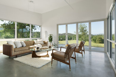 Aménagement d'un salon moderne de taille moyenne et ouvert avec un mur blanc, sol en béton ciré et un plafond voûté.