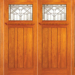Mahogany Mission Style Prehung Double Door and Full lite Two Sidelites - Front Doors