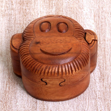 Novica Happy Monkey Wood Puzzle Box