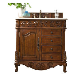 36 inch Antique Single Sink Bathroom Vanity Cherry Finish Beige Marble Top - Bathroom Vanities And Sink Consoles