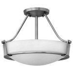 Hinkley - Hinkley 3220AN Hathaway - 16" Semi-Flush Mount - 16" wide Hathaway semi flush fixture finished in Antique Nickel. The forged uprights and ring hold in the etched glass shade. Uses (3) 100 watt maximum medium bulbs.  Remodel:   Trim Included:Hathaway 16" Semi-Flush Mount Antique Nickel *UL Approved: YES *Energy Star Qualified: n/a  *ADA Certified: n/a  *Number of Lights: Lamp: 3-*Wattage:100w A19 Medium Base bulb(s) *Bulb Included:No *Bulb Type:A19 Medium Base *Finish Type:Antique Nickel