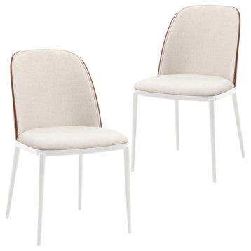 LeisureMod Tule Dining Chair with White Frame Set of 2, Walnut/Beige