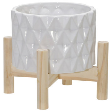 6" Ceramic Diamond Planter With Wood Stand, White