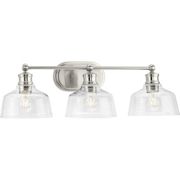 Singleton 3-Light 26.5" Brushed Nickel Vanity Light With Clear Glass Shades