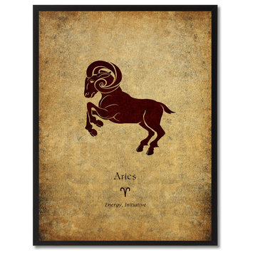 Aries Horoscope Astrology Brown Print on Canvas with Picture Frame, 13"x17"