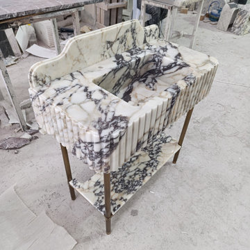 Handcrafted Calacatta Viola Marble Vanity with Fluted Apron and Brass Legs