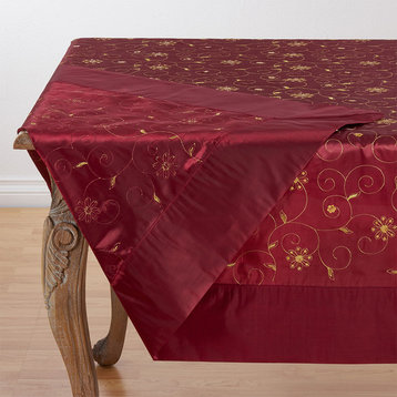 Holiday Gold Embroidery Sequined Burgundy Tablecloth, 65"x120"
