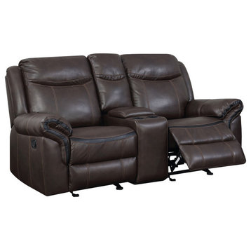 Benzara BM263109 Glider Recliner Loveseat, Leather/Flared Padded Arms, Brown