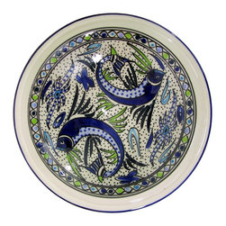 Le Souk Ceramique - Medium Stoneware Serving Bowl Aqua Fish Design - Serving And Salad Bowls