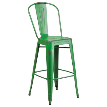 30" High Distressed Green Metal Indoor-Outdoor Barstool With Back