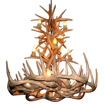Reproduction Antler Whitetail Tall Spruce Chandelier, Rawhide Shades