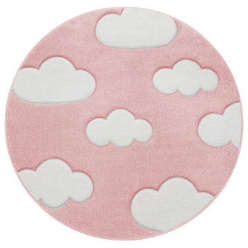 Kids Rug With Charming Clouds, Pastel Pink, 6'7" Round