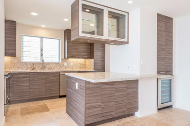 Inspiration for a mid-sized contemporary l-shaped travertine floor eat-in kitchen remodel in Hawaii with an undermount sink, flat-panel cabinets, quartz countertops, multicolored backsplash, stone slab backsplash, stainless steel appliances and a peninsula