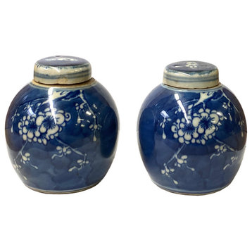 Pair Blue White Mini Oriental Graphic Porcelain Ginger Jars Hws948