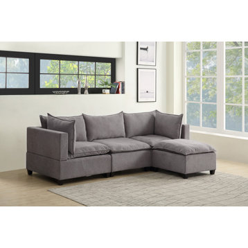 Madison Fabric Down Feather Reversible Sectional Sofa With Ottoman, Light Gray