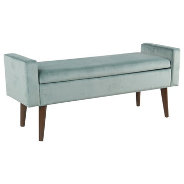 Velvet Upholstered Wooden Bench With Lift Top Storage & Tapered Feet, Aqua Blue