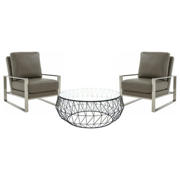 LeisureMod Jefferson Armchair With Silver Frame and Round Coffee Table, Gray