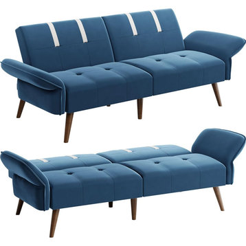 Modern Futon, Hardwood Frame With Velvet Seat & Adjustable Armrest, Blue