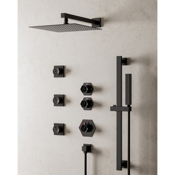 Thermostatic 12" Wall Mount Shower Head Shower System Set With Rough in-Valve, Matte Black, 12"