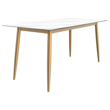 LeisureMod Zayle Dining Table With a 71" Rectangular Top and Gold Steel Base, White