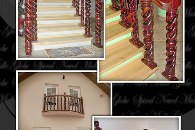 Example of a mid-sized ornate wooden straight staircase design with wooden risers