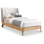 Meridian Furniture - Ventura Upholstered Bed, Gray, Twin - Bestow midcentury modern charm to your bedroom retreat with this lovely Ventura fabric bed. A winged headboard adds an elegant touch to the design of this handsome bed, and upholstery in a soft neutral grey color makes it easy to integrate the bed with other furnishings. Solid wood legs in a natural finish form a contrast that enhances the bed's overall aesthetic. This is a twin-slatted bed, so use it with or without a box spring as desired.