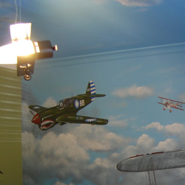 Aviation/Planes Themed Mural by Tom Taylor of Wow Effects, for a boy's bedroom.