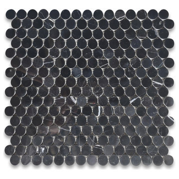 Penny Round Nero Marquina Black Marble Mosaic Tile Honed 3/4 inch, 1 sheet
