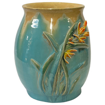Chinese Turquoise Tan Glaze Dimensional Flower Holder Pot Vase Hws3070